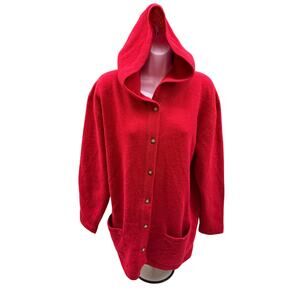 CTME women M Red 100% Lamb Wool hooded cardigan sweater button up